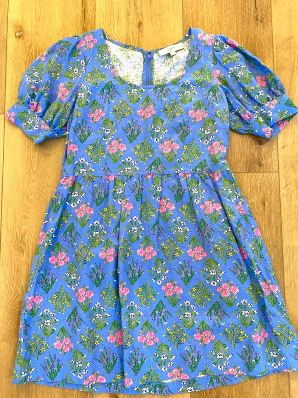 LOFT Dress Women’s 4 Petite Blue Floral Linen Summer Wedding Guest Cottagecore - Picture 3 of 11
